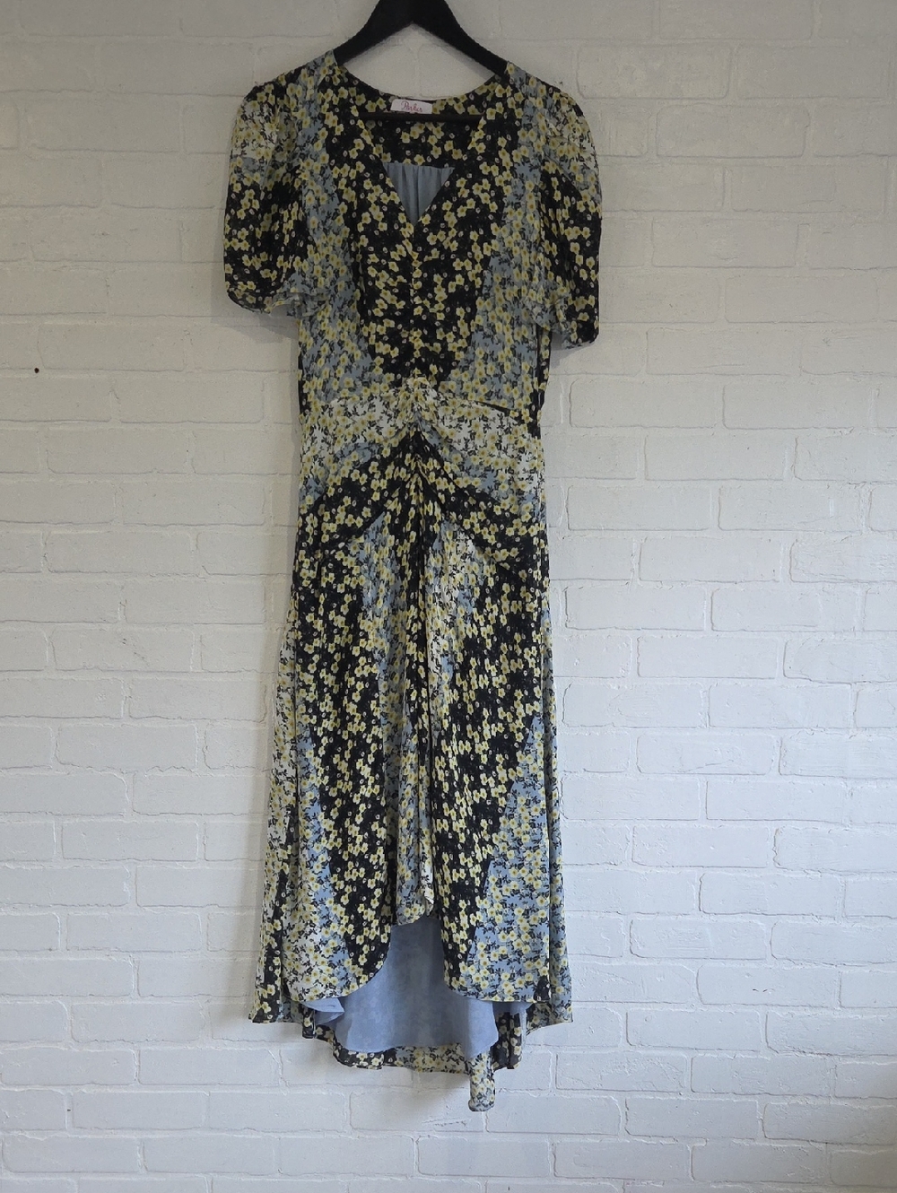 Parker Black Floral High-Low Dress with Yellow & Blue Print